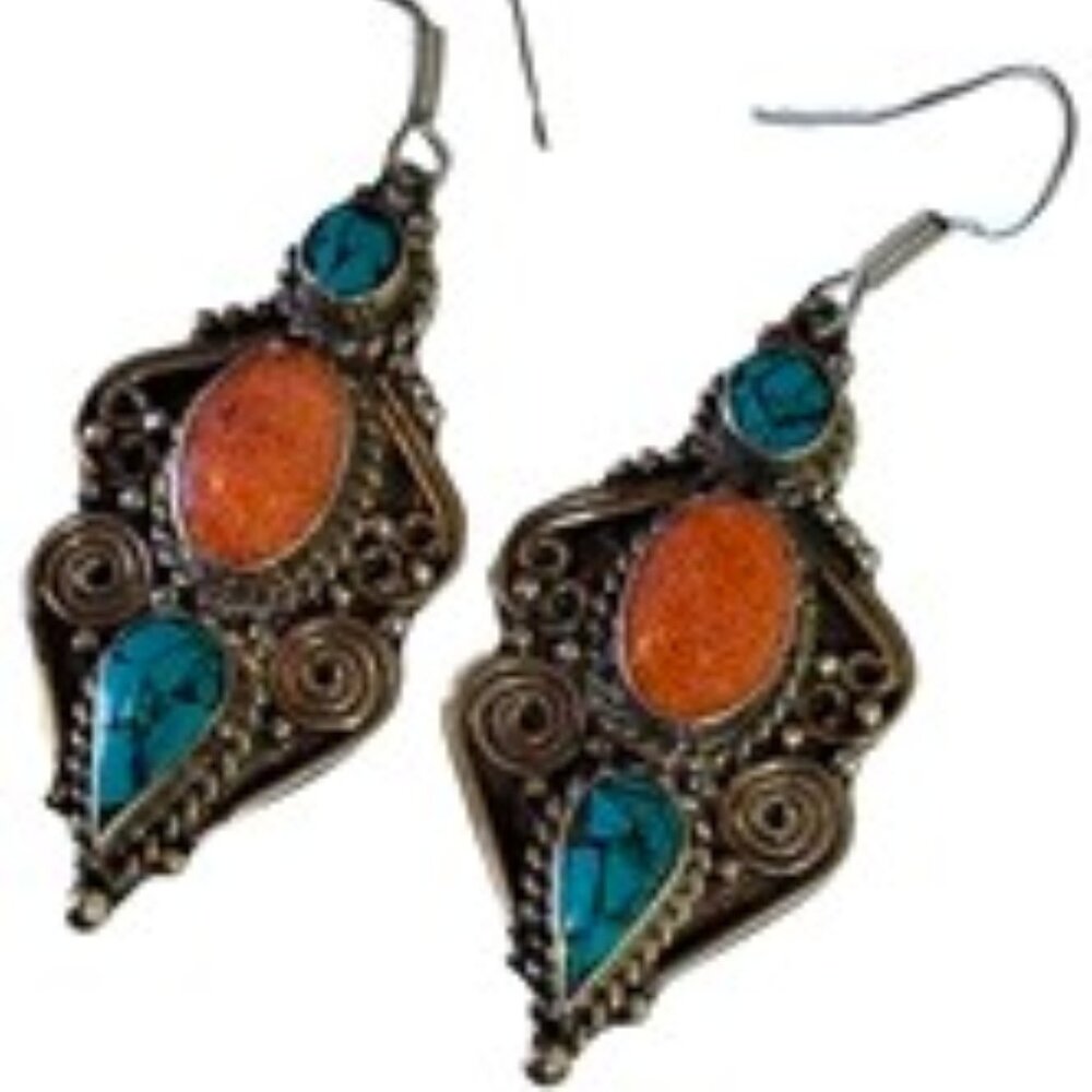 Tibetan Silver Turquoise Coral Earrings